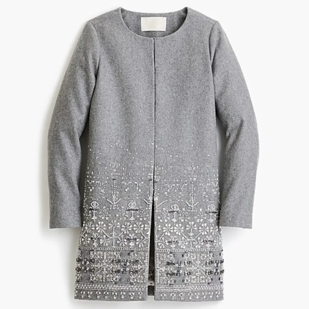 J. Crew Gray Embellished Collarless Wool Coat